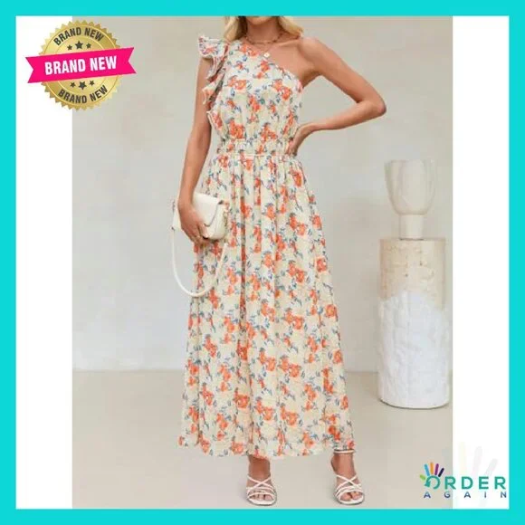 Boho Floral Maxi Dress Sleeveless One Shoulder Ruffle Elegant Beach Party - Picture 7 of 8